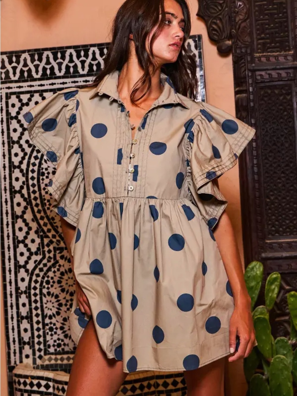 BUCKETLIST Taupe Mini Dress with Navy Polka Dots - Picture 6 of 7